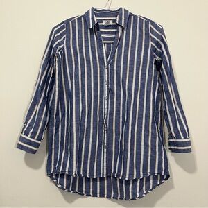 Sigrid Olsen Linen Blend Button Up Shirt Women XS Blue Roll Tab Sleeve Striped
